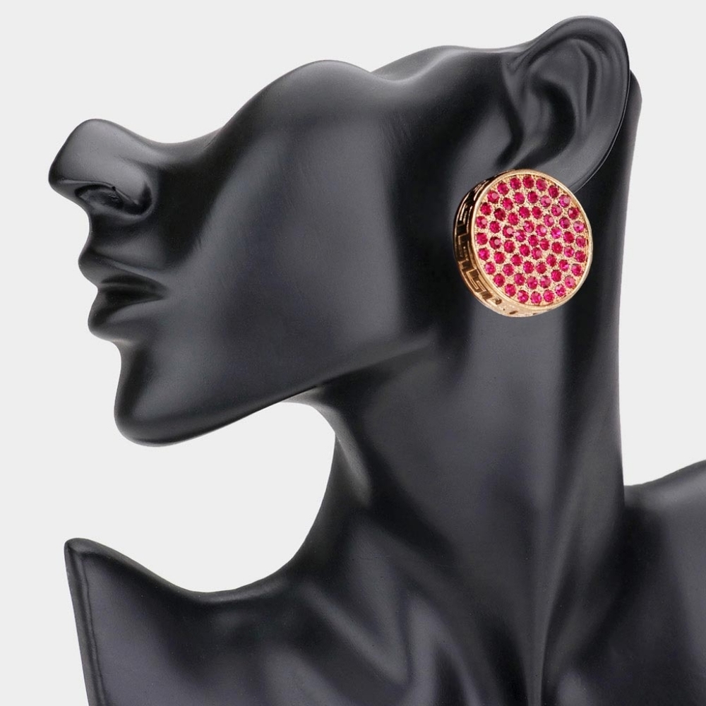 Fuchsia Pink Gold Greek Key Patterned Rhinestone Crystal Round Stud Earrings
